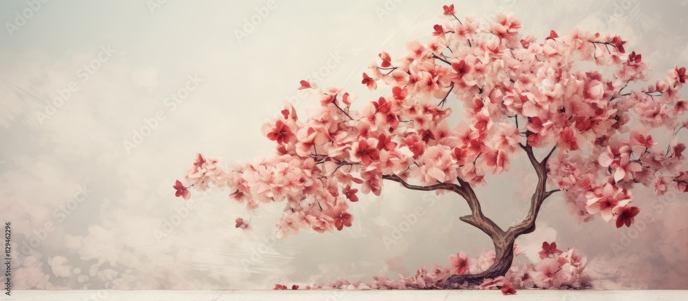Blooming apple tree on white wooden background as frame idea concept Tinted image overlay color filters. copy space available