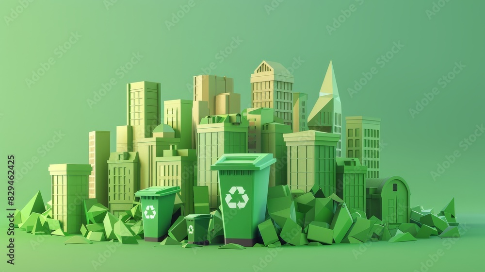 3D representation of a sustainable city featuring green buildings, recycling bins, and efforts for pollution reduction and climate change protection.