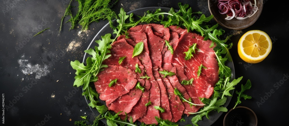 Marbled beef carpaccio with arugula lemon and pepper Top view flat lay with copy space