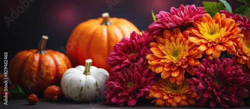 Small pumpkins with chrysanthemums. copy space available