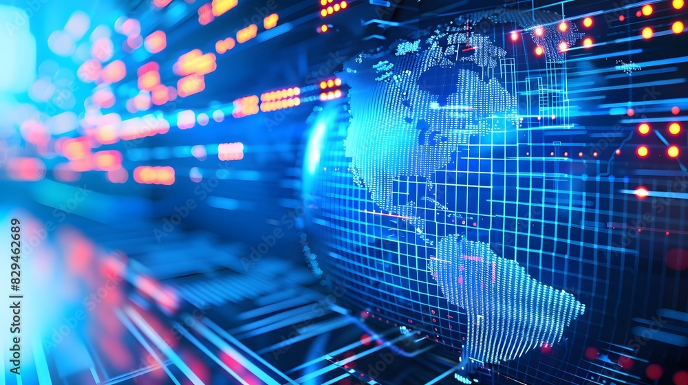Global network hub featuring an America-centric digital world globe, highlighting high-speed data transfer and cyber technology against a vibrant backdrop Global network hub featuring an America-centric digital world globe, highlighting high-speed data transfer and cyber technology against a vibrant backdrop