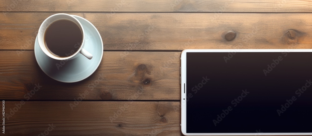 blank screen smartphones and tablet PC on the wooden desktop with computer keyboard and a cup of coffee in composition with copy space for your text blank screen smartphones and tablet PC on the wooden desktop with computer keyboard and a cup of coffee in composition with copy space for your text