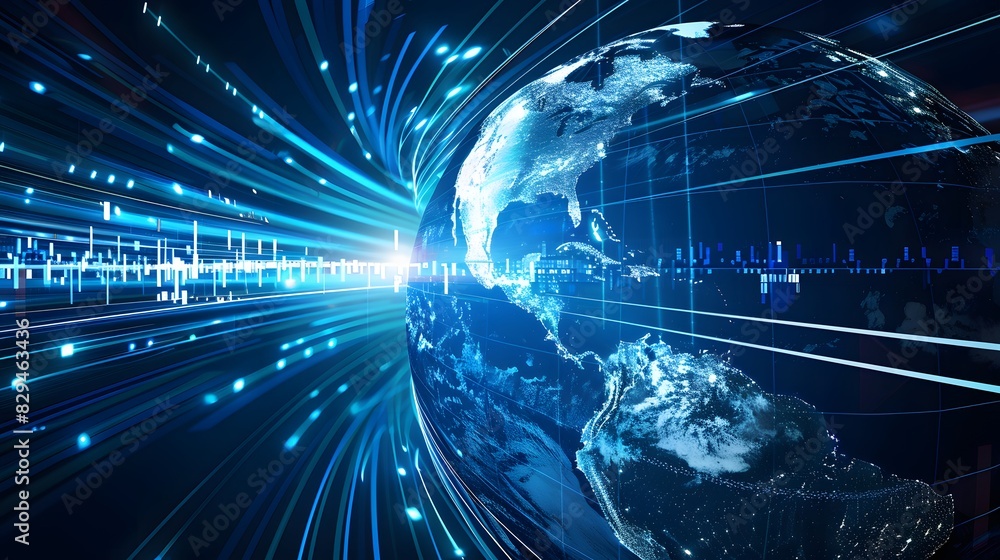 Fototapeta premium America-centric digital world globe signifying international information exchange, high-speed data transfer, and advanced cyber technology