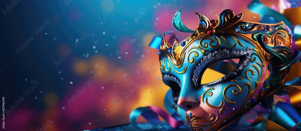 There is a festive mask showcased on a colorful background creating an enticing copy space image