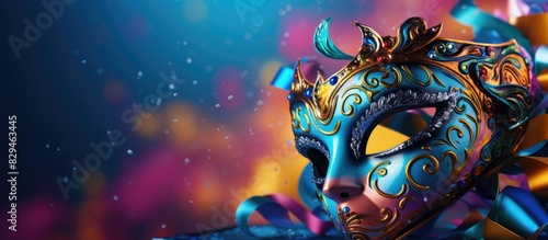 There is a festive mask showcased on a colorful background creating an enticing copy space image