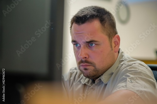 Professional Photography of a worker with a frustrated expression staring at a computer screen, Generative AI