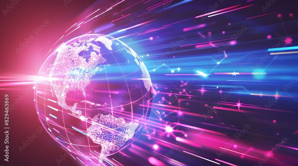 Fototapeta premium America-centric digital world globe signifying international information exchange, high-speed data transfer, and advanced cyber technology