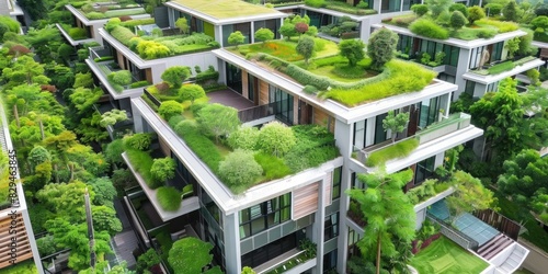 Breathtaking aerial view of green rooftops adorned with lush vegetation  transforming urban landscapes into vibrant ecosystems.