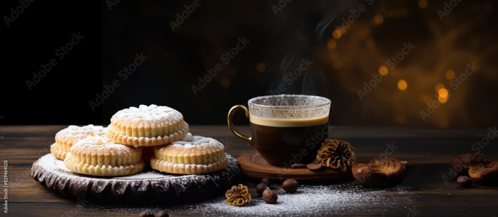 Turkish national desserts accompanied by a cup of coffee are captured in a close up copy space image