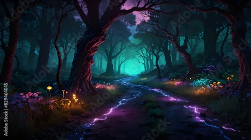 A magical neon road winding through an enchanted forest 