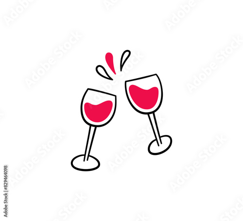 Clink of glasses in doodle style. Red wine splashes. Two wineglasses. Congratulatory toast. Hand drawn line element. Vector illustration in doodle style on white background.