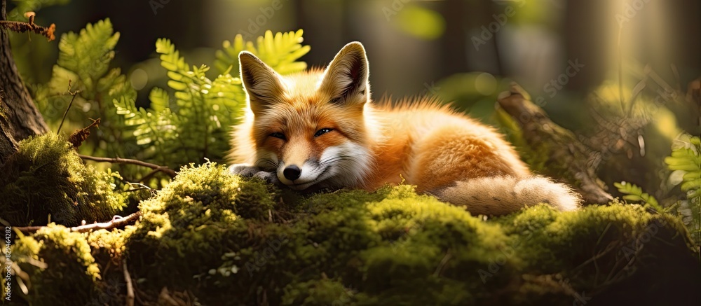 Fototapeta premium A fox peacefully rests in its natural habitat providing a perfect copy space image