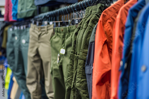 clothing store with pants hanging on hangers, outdoor pants for hiking and trekking in stock in the background. Wearing trousers or jeans at a shopping center photo