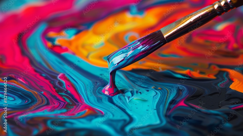 Fototapeta premium A paintbrush dripping vibrant paint, capturing the fluid motion of liquid in mid-air.
