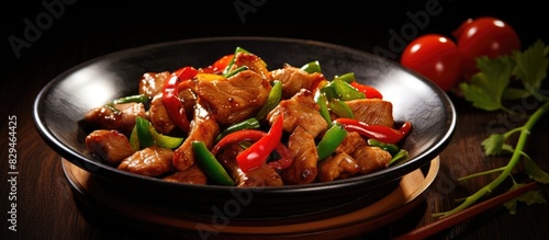 A savory Chinese dish featuring pork green pepper and cherry tomato stir fried together creating a vibrant and enticing copy space image