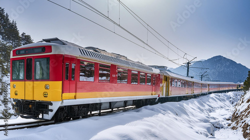 A train is driving through the snow in China. The red and yellow exterior stands out against the white background, in the style of documentary photography of early spring