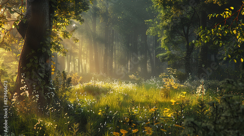 A tranquil, sun-dappled glade in the heart of an ancient forest, where shafts of golden light filter through the canopy to illuminate the forest floor.