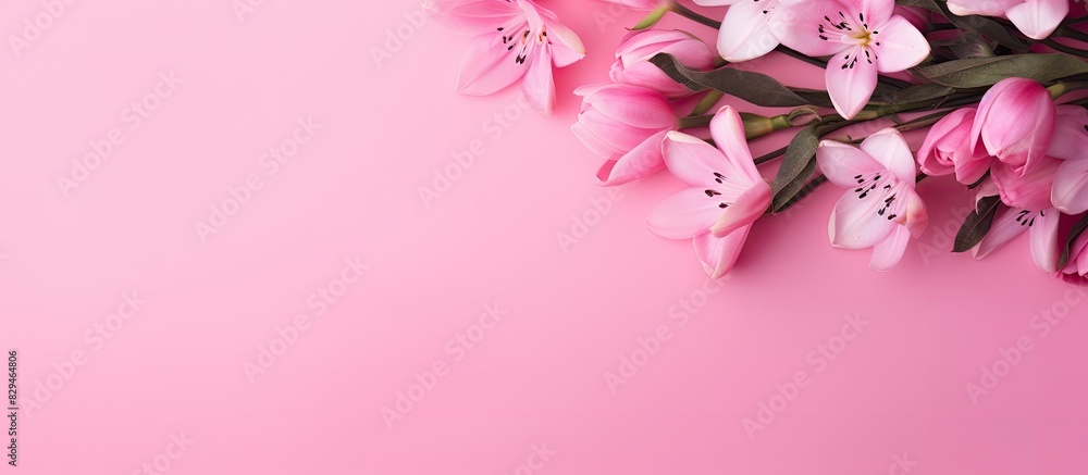 Top view of a bouquet of pink flowers on a pink background with copy space image for your text