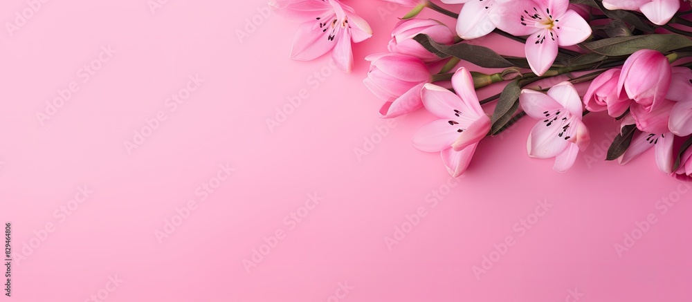 Top view of a bouquet of pink flowers on a pink background with copy space image for your text Top view of a bouquet of pink flowers on a pink background with copy space image for your text