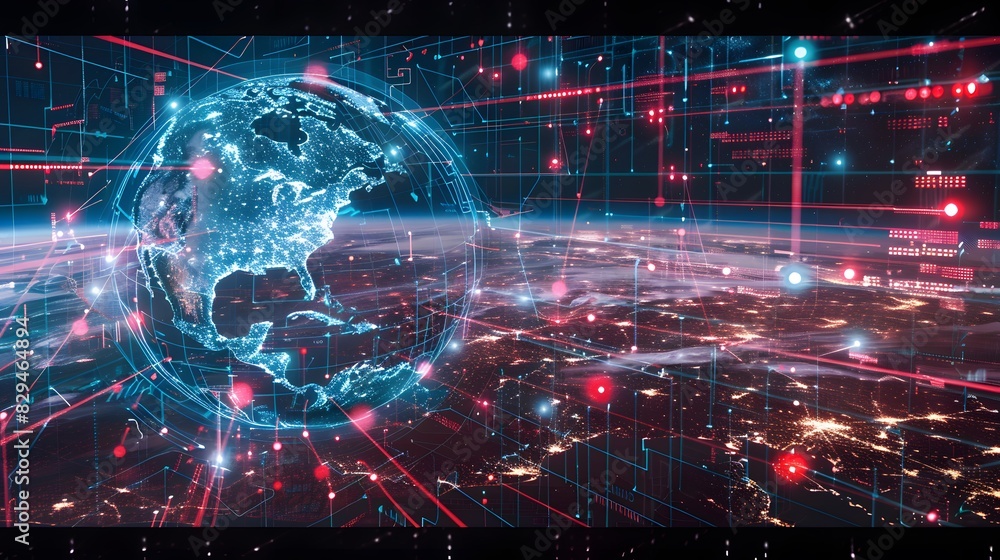 High-tech global network hub with an America-centric digital globe, emphasizing cyber technology and international data exchange High-tech global network hub with an America-centric digital globe, emphasizing cyber technology and international data exchange