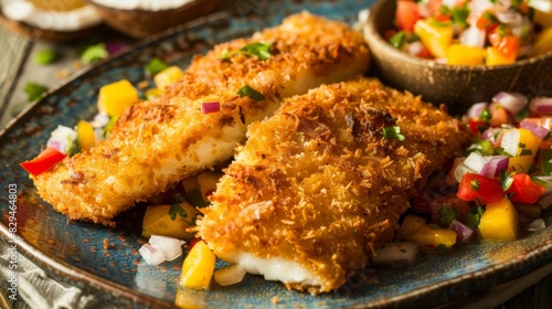 A platter of golden brown coconut crusted fish fillets served with a side of tropical fruit salsa.