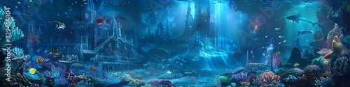 Illustrate an underwater city built within a vibrant coral reef, home to merfolk and other aquatic beings game art photo