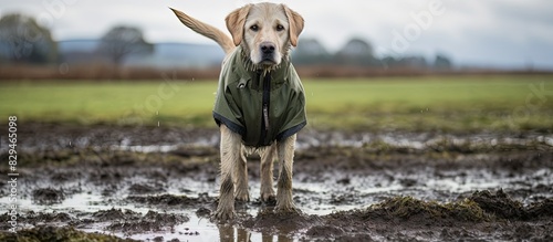 A dirty golden labrador dog wearing a green khaki raincoat walks on frozen puddles in a field while glancing to the side. Copyspace image photo