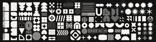 Mega geometric and abstract shapes collection. Abstract symbols set. Set of geometric brutalism shapes. Figures, stars, spiral flower and circles