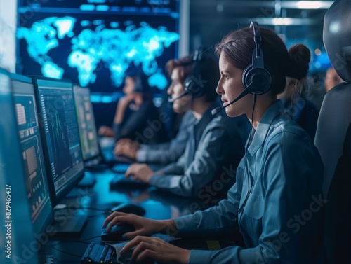 Team of professionals in a control room, wearing headsets, monitoring data on multiple screens, with a world map in the background. © cherezoff