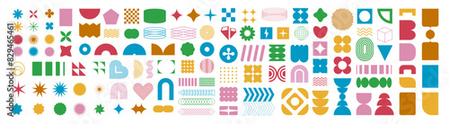 A set of graphic elements. Abstract geometric figures. Decorative minimalistic brutalist forms.