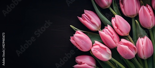 A top view of pink tulips on a dark background arranged flat and leaving space for the addition of images or text. Copyspace image