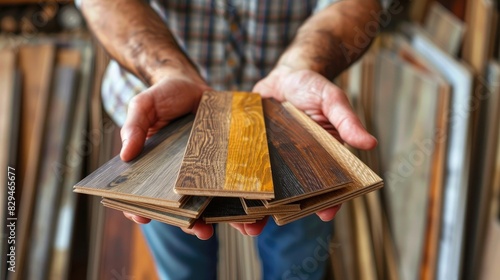 parquet floor - store salesman with flooring samples in hands photo