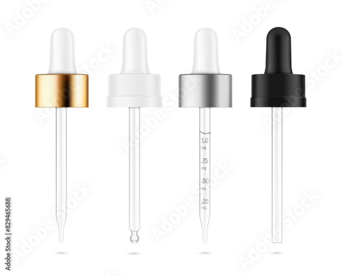 Pipette mockups for dropper bottle isolated on white background. Vector illustration. Front view. Сan be used for cosmetic, medical and other needs. EPS10.