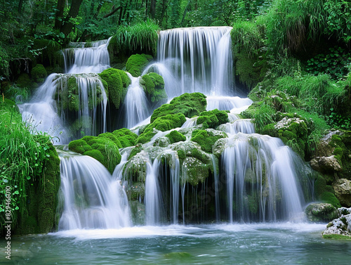A beautiful cascade of water flowing over lush green moss-covered rocks in the forest.