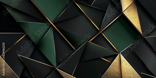 Regular black, gold and green three-dimensional striped background, triangle/rectangle, black backgroundaspect ratio 2:1, for banner, landing page, website