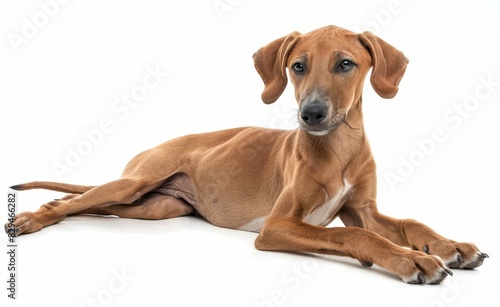 A young Azawakh puppy poses playfully, its floppy ears and innocent gaze adding a touch of whimsy to the breed's usually stately demeanor. The puppy's glossy coat suggest a lively and curious nature. photo