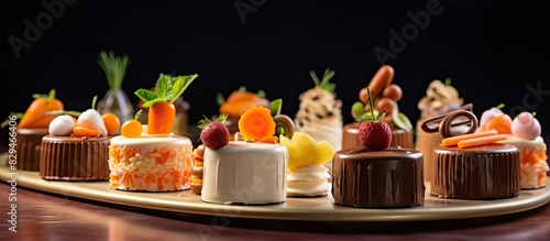 The picture shows mini cakes decorated with iced carrots and chocolate eggs featuring a joyful Easter message. Copyspace image photo