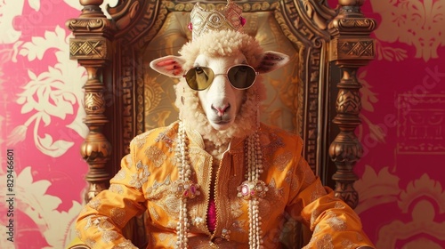 Photo of a sheep dressed in fashionable and wearing sunglasses standing against an Indian throne on a pink background,