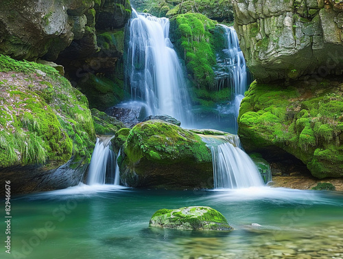 A serene waterfall surrounded by lush greenery and moss-covered rocks in a tranquil setting.