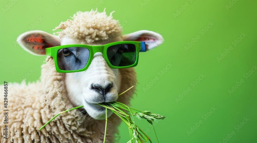 Naklejka premium Photo of cute sheep wearing sunglasses eating grass, isolated on a green background, in a studio