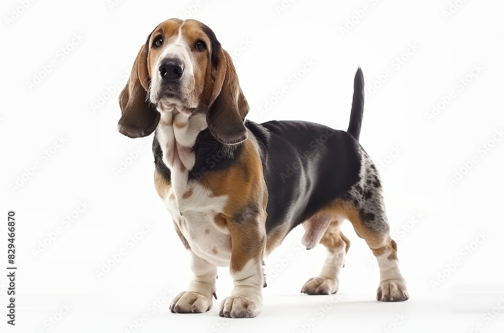 The inquisitive look of this Basset Bleu de Gascogne is captured as it tilts its head, with its signature floppy ears framing its face. The dog's piebald coat is beautifully contrasted on white. The inquisitive look of this Basset Bleu de Gascogne is captured as it tilts its head, with its signature floppy ears framing its face. The dog's piebald coat is beautifully contrasted on white.
