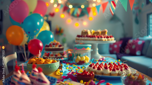 Colorful birthday celebration with whimsical cupcakes and festive balloons  
