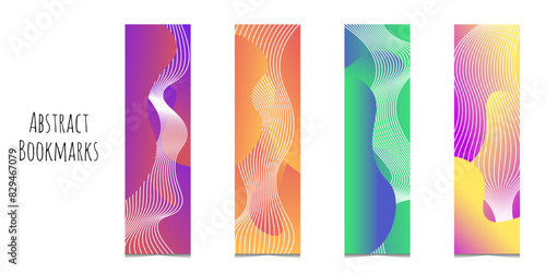 Rectangular bookmarks set with abstract colorful bright gradients spots and lines. Bookmarks prints templates for reading. Minimalistic and modern trendy design. Isolated on white background.