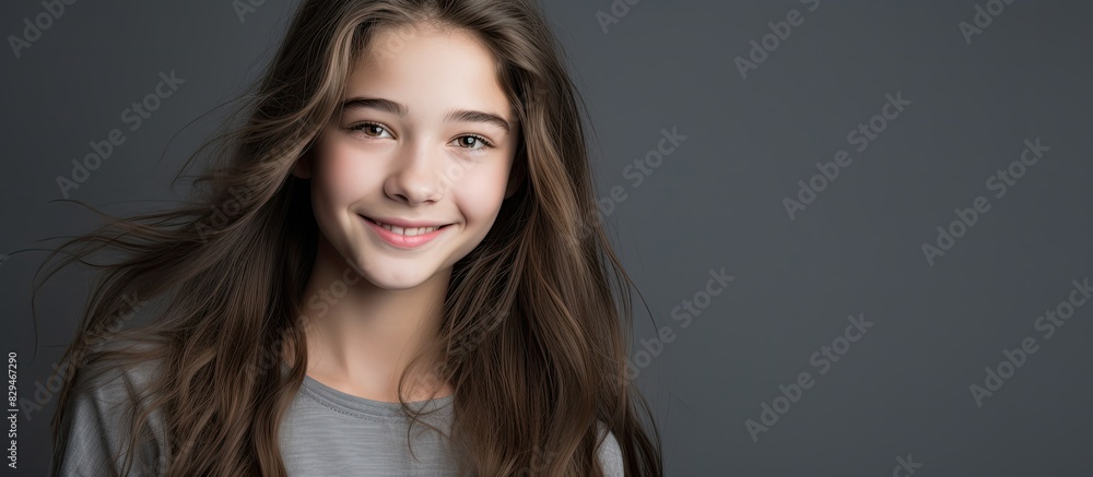 Closeup portrait of a charming teenage girl with a flirtatious expression smiling confidently in an isolated grey backdrop Ample copy space image available Closeup portrait of a charming teenage girl with a flirtatious expression smiling confidently in an isolated grey backdrop Ample copy space image available