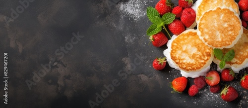 An appetizing composition of fluffy cottage cheese pancakes accompanied by vibrant fresh strawberries creatively arranged on a textured gray stone backdrop forming an appealing flat lay composition C photo