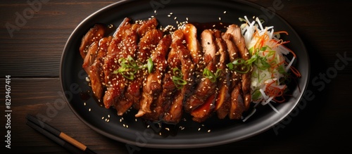 Korean style fried sliced pork with teriyaki sauce beautifully presented in a copy space image