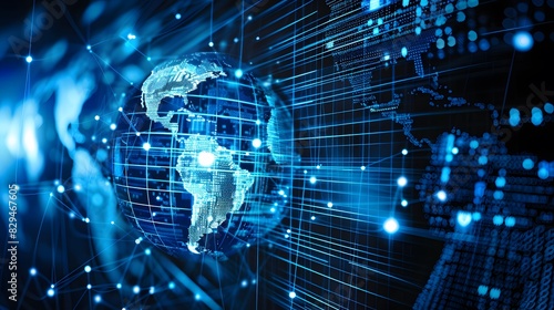 Visual representation of a global network hub with an America-centric digital world globe, emphasizing cyber technology and international connectivity