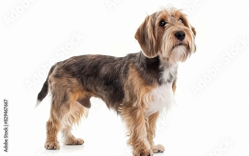 This black and tan Basset Griffon Vendeen's wiry coat and noble stance exude confidence. The dog's attentive expression suggests intelligence and curiosity. photo