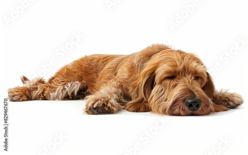A dozing Basset Griffon Vendeen sprawls comfortably on a pristine white surface, its peaceful slumber a testament to the dog's tranquil nature. The golden coat blends beautifully with surroundings.