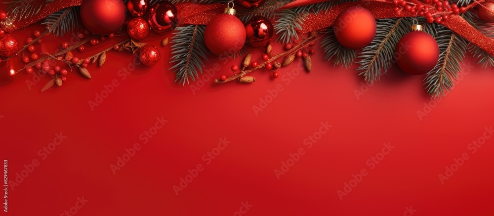 Top view of a festive Christmas composition featuring red decorations and fir tree branches on a vibrant red background Ample copy space is available Top view of a festive Christmas composition featuring red decorations and fir tree branches on a vibrant red background Ample copy space is available